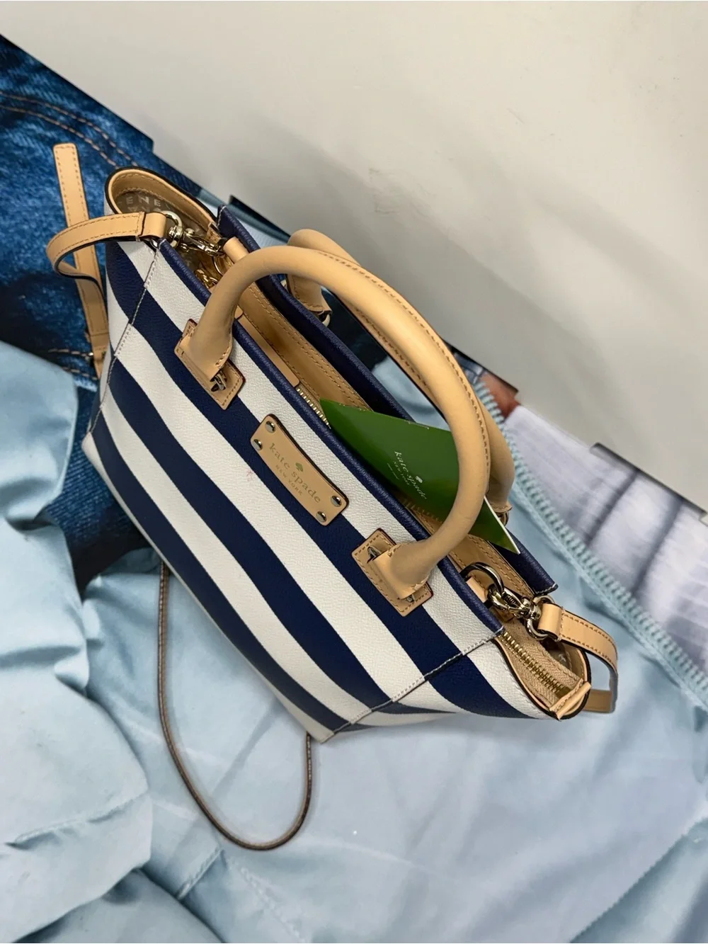 (new+card) Kate Spade Rare Leather Satchel Navy and White Striped Tan Trim